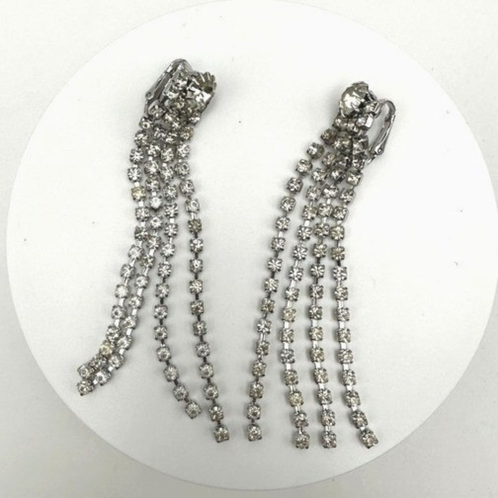Vintage 80s Clear Rhinestone Sparkly Tassel Clip On Earrings Silver Tone Jewelry